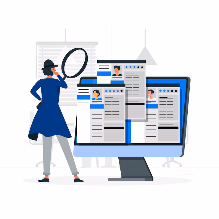 AI In Resume Screening: Expectations vs. Reality 1 An illustration showing a man observing a group of resumes on a screen