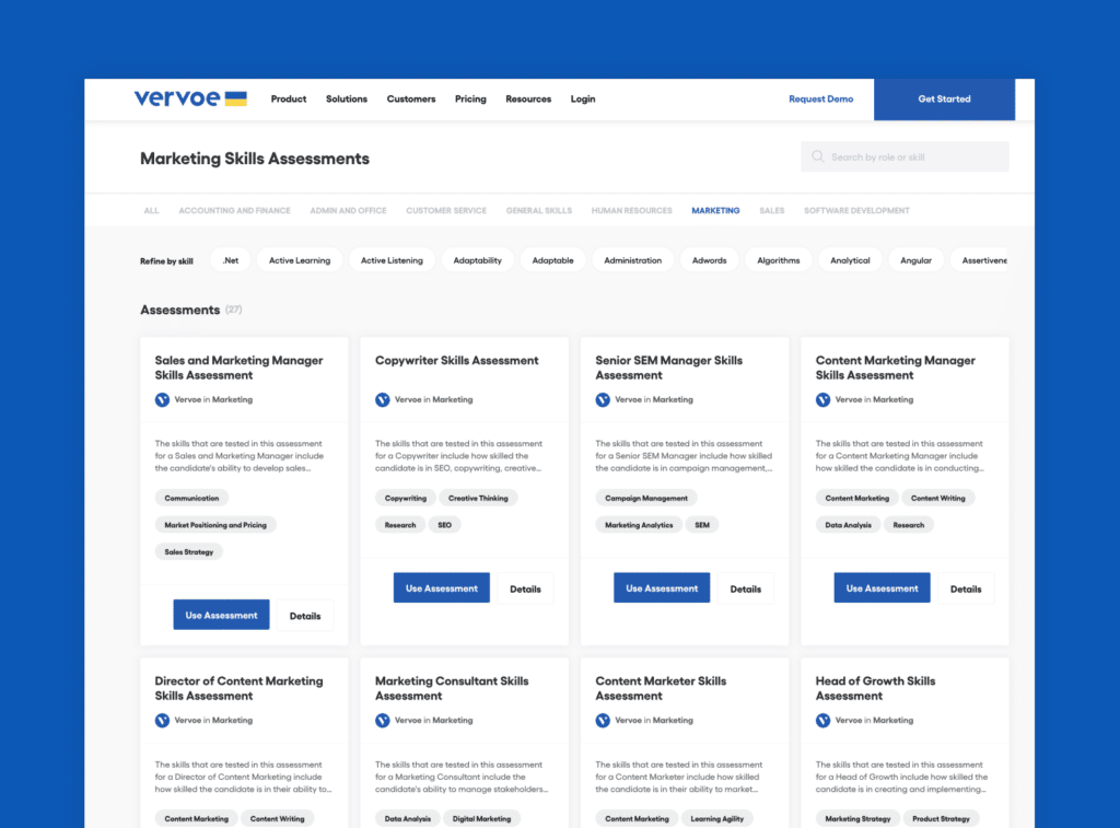 How to Build a Content Marketing Team in 5 Easy Steps 6 Vervoe's sklills assessment library for marketing roles