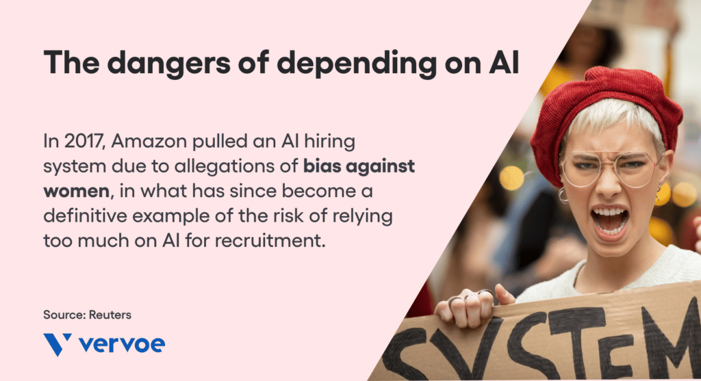 Why AI Hiring Tools Won’t Replace Recruiters 3 A woman protesting when Amazon used bad hiring AI instead of unbiased machine learning.